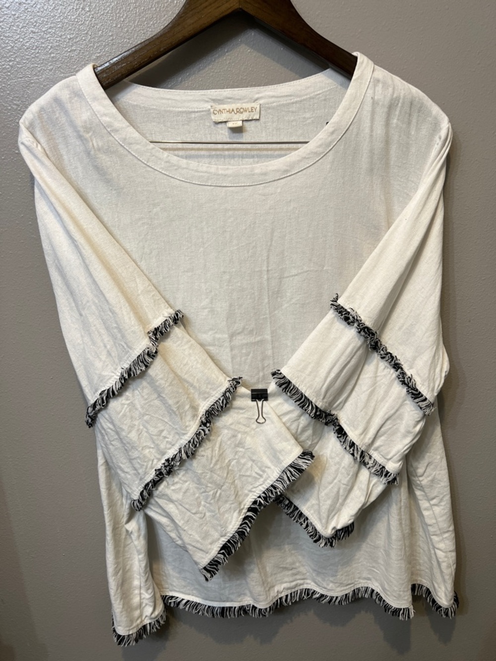 Cynthia Rowley Linen Blend Long Sleeve Top with Black Fringe Trim 1X
